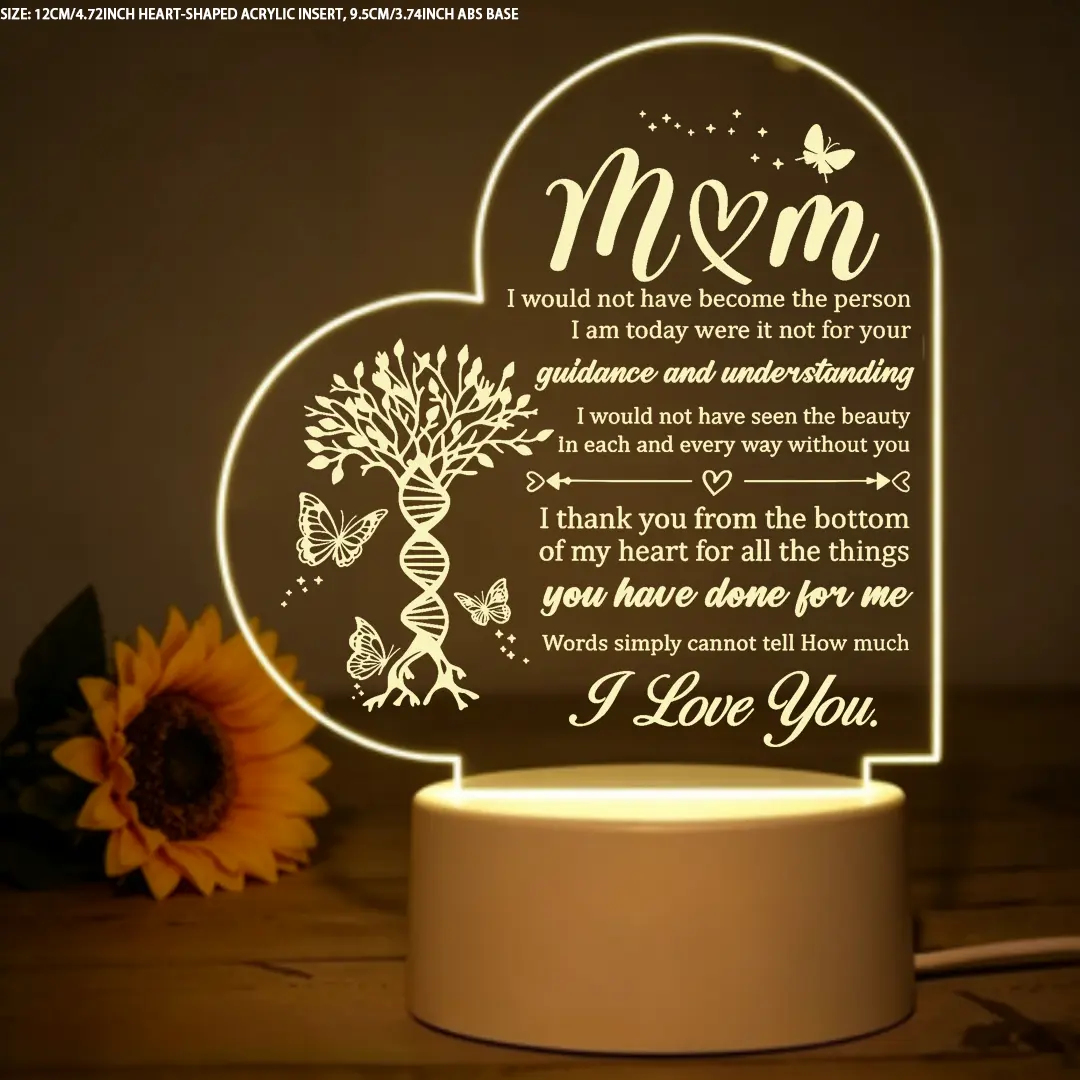 Heart-Shaped Engraved Acrylic LED Night Light - "I Love You" Message Engraving, Soft Glow, Modern Neon Look Upgrades Any Room, Sweet Visual Warmth, Love Vibes Heart Theme, Adds Sweet Decor to Any Room, Mom Gift, Bedroom Home Decor Plaque, Heart Shape Adds
