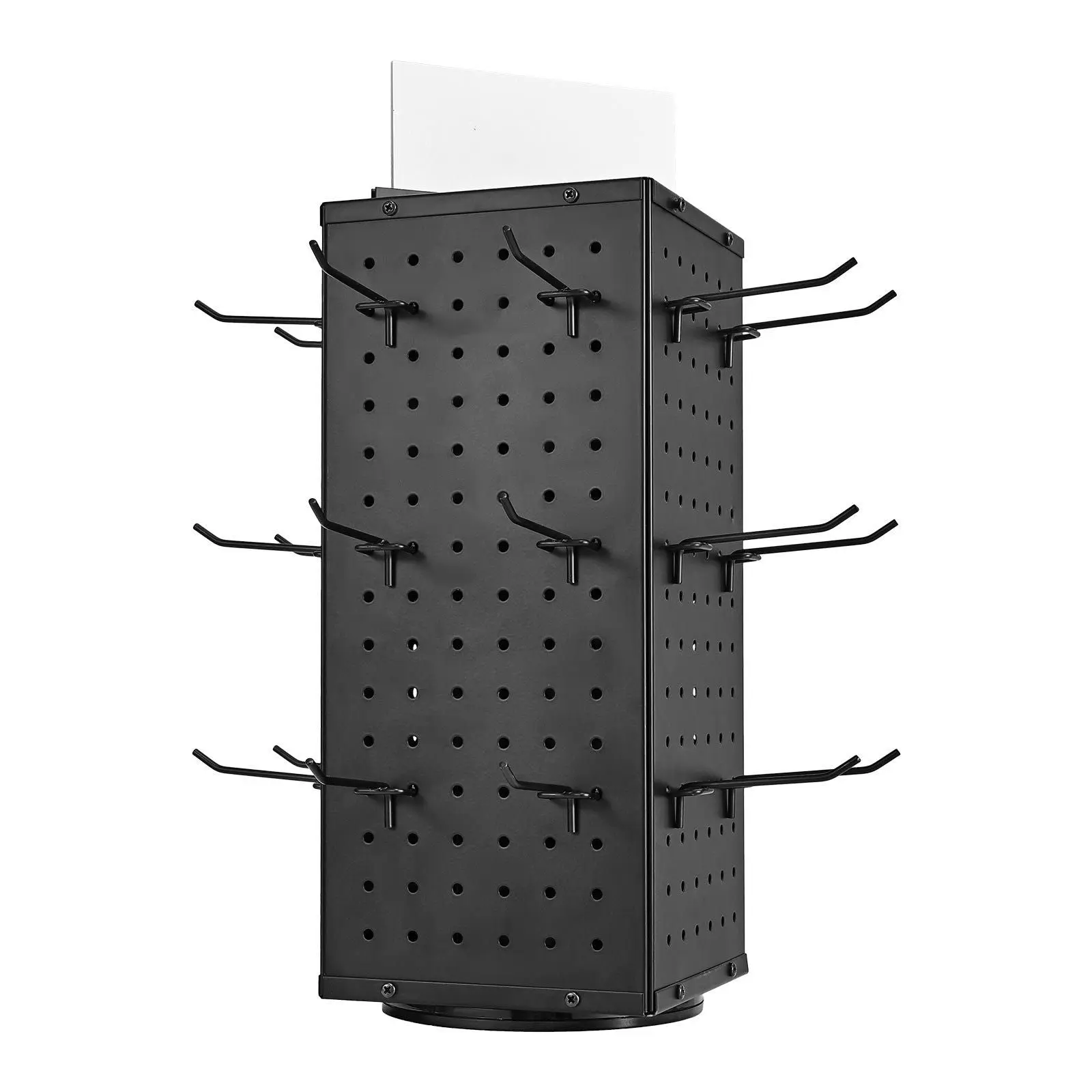 4-Sided Rotating Steel Pegboard Organiser, Lightweight Hangable Storage Racks with 24 Hooks (Black), 24 Hooks Incl.