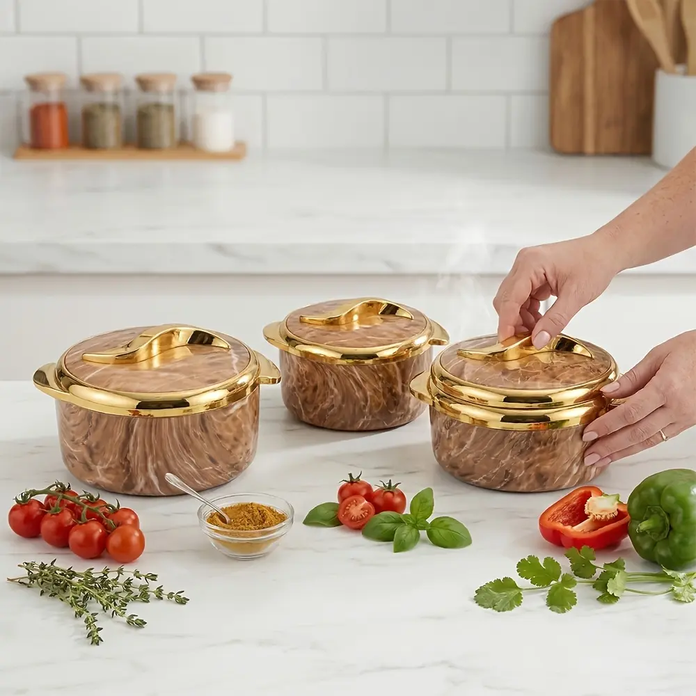 summerwins 3-Pack Marble-Look Insulated Round Kitchen Bowls with Stainless Steel Lids, Food Storage Containers for Hot/Cold Preservation, Ideal for Family Gatherings & Home Organization