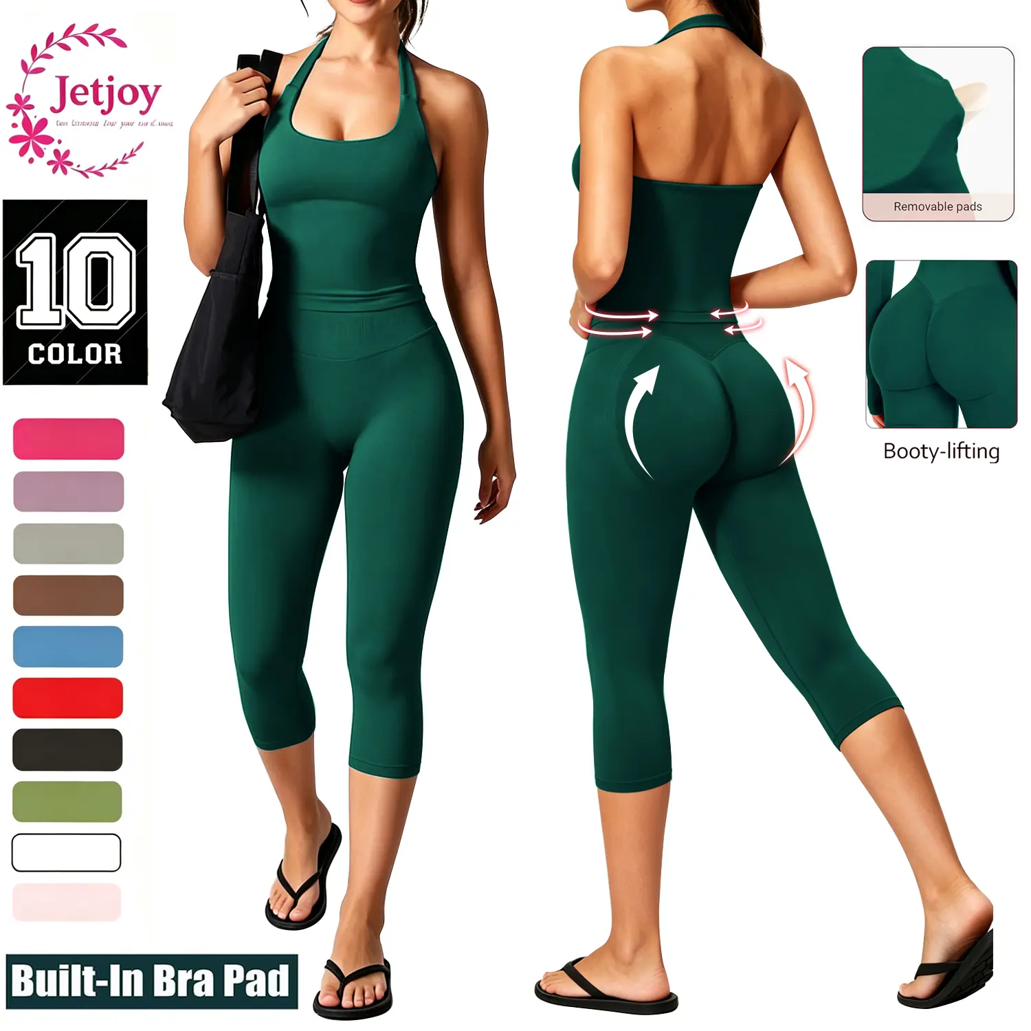 Jetjoy Capri Leggings Going Out Workout matching Sets for Women, Halter Cami Tank Top+Versatile Three-Quarter Shorts Sports Set Butt Lifting Gym Workout Capri Leggings for Women Tummy Control High Waisted Scrunch Butt Seamless Impact Yoga Capri Pants