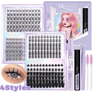 QUAFFLY Lash Clusters Kit 270Pcs, 4 Styles DIY Eyelash Extension Kit with Lash Bond and Seal, Eyelash Glue Extension, Remover, Applicator, Eyelash Tweezers, 2 Brushes, Natural Wispy Individual Lashes Starter Set for Beginners, Eyelash Bonding Tools