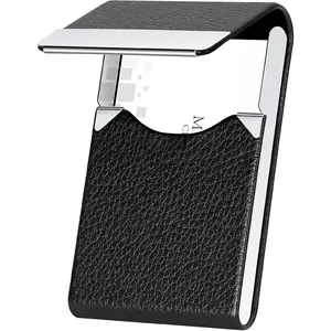 Professional Business Card Holder PU Leather Business Card Case Name Card Holder Slim Metal Pocket Card Holder with  Shut (Black)