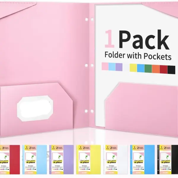 2-Pocket Folders, Plastic Folders with Pockets 3 Hole Punched | 1 Pack Pockets Folder for 3 Ring Binder with Labels, Heavy Duty Binder Folder for Document, Letter Size File Folder,Pink