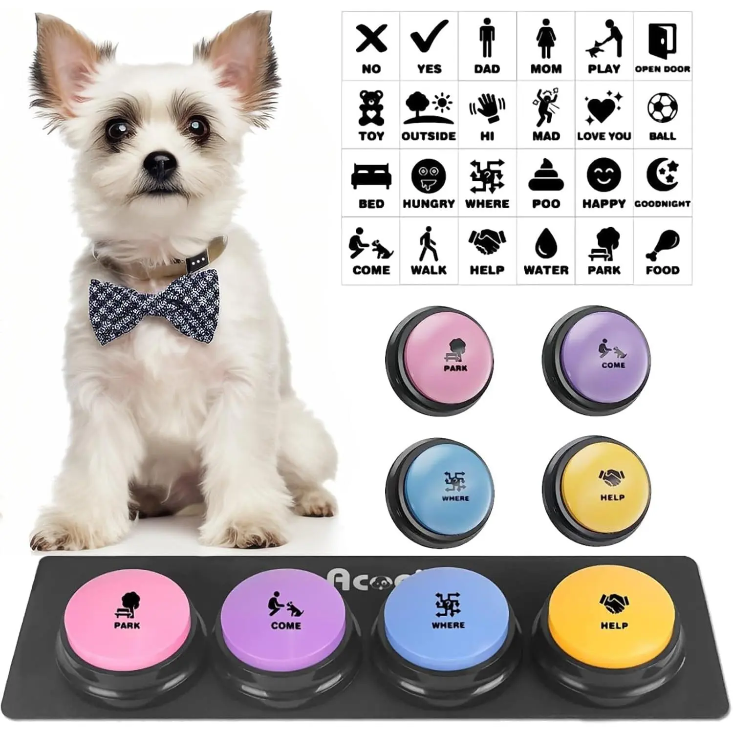 Dog Buttons for Communication, 4 Dog Talking Button Set, Speaking Buttons for Cats and Dogs, 30s Voice Recordable Pet Training Buzzer with Waterproof Dog Activity Mat and 24 Scene Stickers