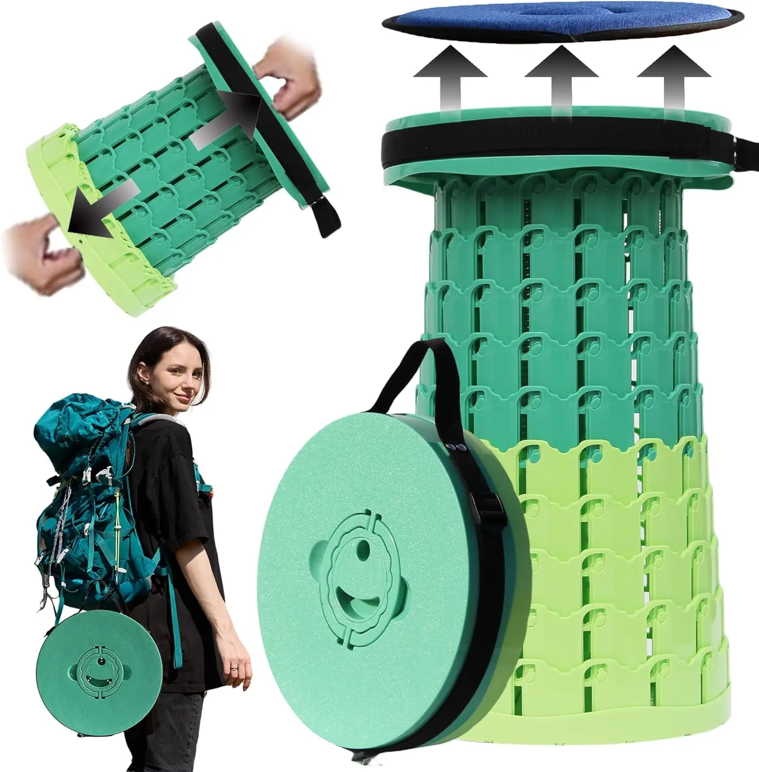 Upgraded XXL Collapsible Stool with Cushion,19.7"H-11.8"D Telescoping Folding Stool for Adults,More Sturdy Portable Camping Stools with Load Capacity 1000lbs for Outdoor,Garden,Fishing,Hiking