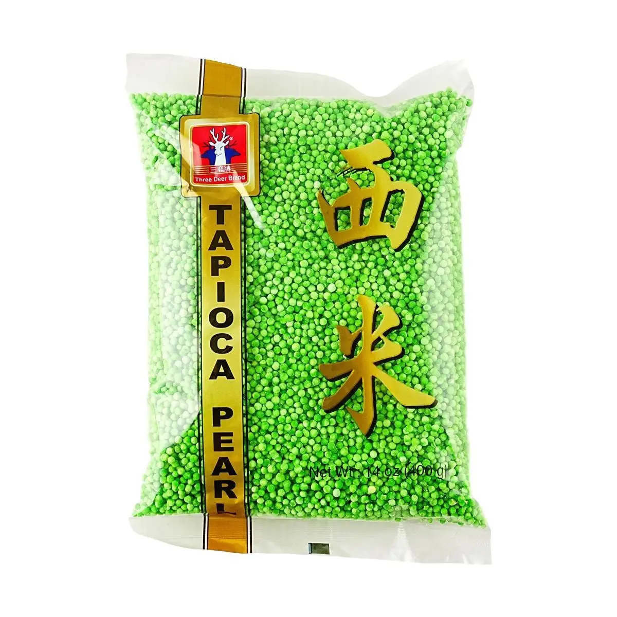 Three Deer Brand Pandan Flavor Sago Pearls Tapioca Pearls for Bubble Tea & Desserts - 400g