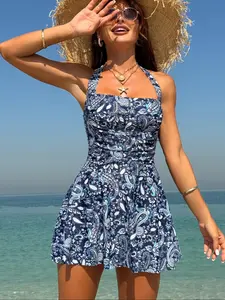 Two-Piece Set Women's Paisley Print Ruched Tankini Set, Boho Halter Neck Tank Top & Plain Panty Set for Beach Holiday Vacation, Ladies Summer Clothes, Tankini Swimwear Set, Tankini Outfit, Tankini Swimsuits