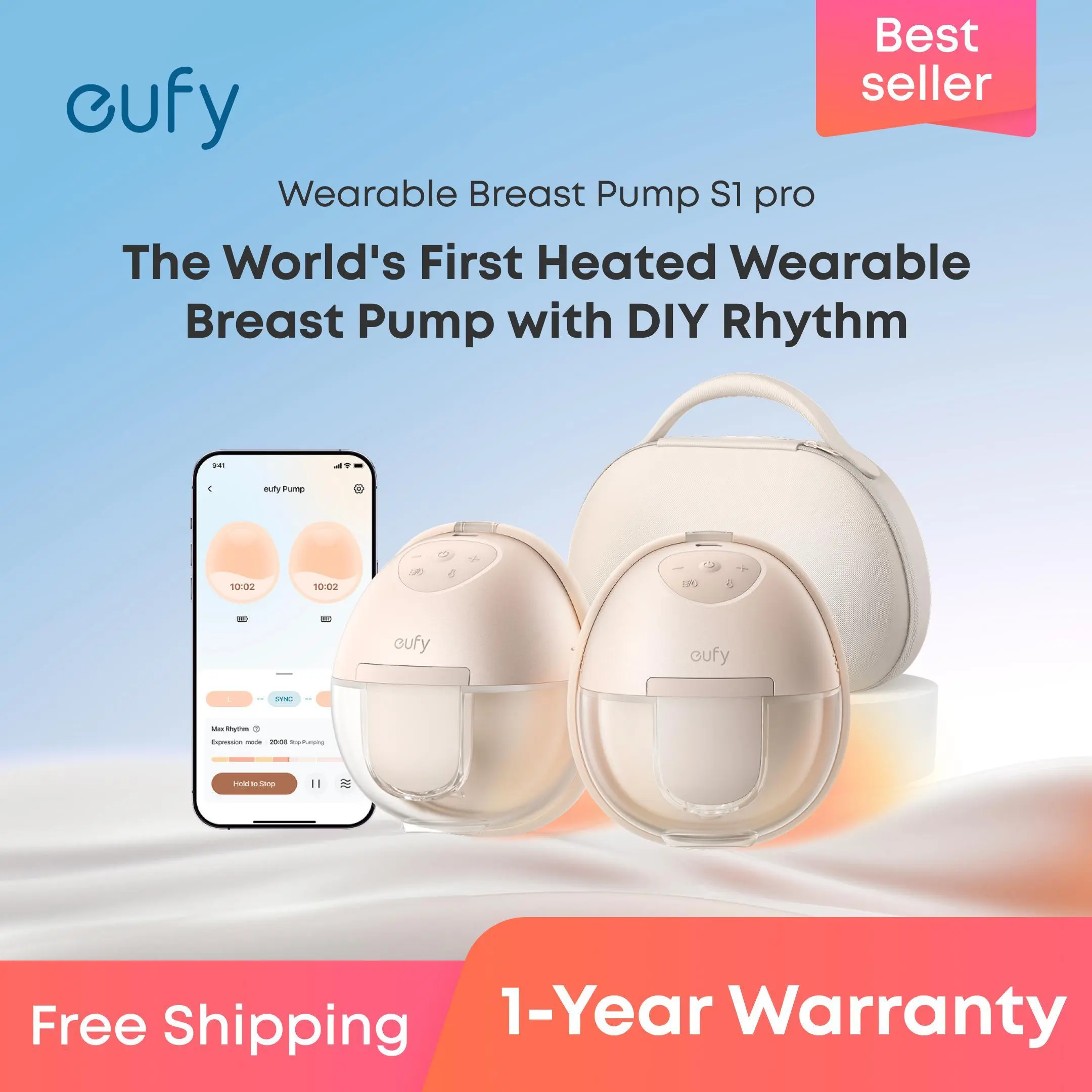 【Exclusive Bundle】eufy S1 & S1 Pro Heated Wearable Breast Pump, Hands-Free Breast Pump with Industry-Leading HeatFlow Tech, App-Controlled OptiRhythm, Hospital-Grade Suction, Leakproof, Slim and Ultra-Quiet for in-Bra Use【mothersdaygift】