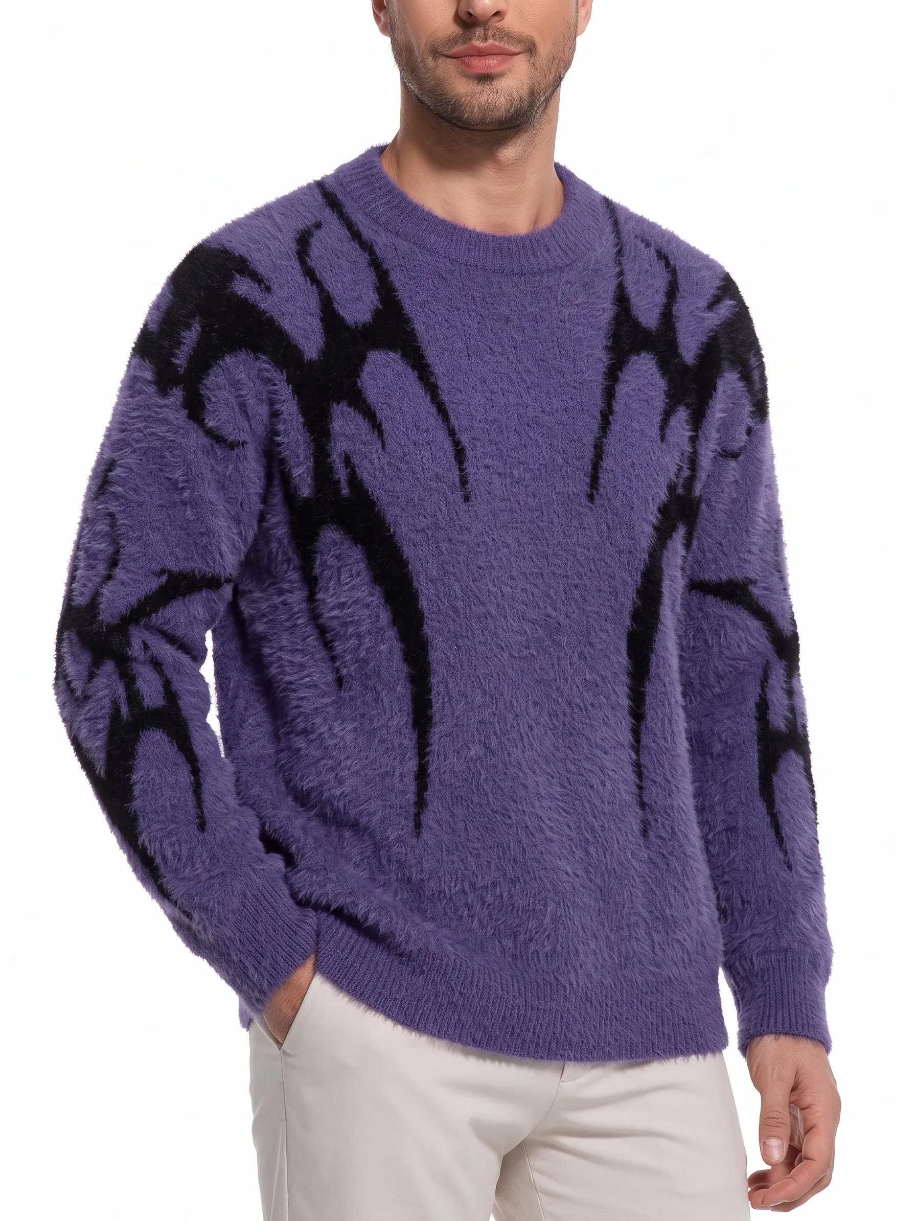 Unisex Purple Graphic Knit Sweater, Fuzzy Oversized Crewneck Pullover with Abstract Black Pattern for Y2K Streetwear Fall Winter Crewneck Motocross Knitwear Menswear