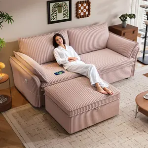 85 Inch Convertible Sleeper Sofa Bed with Storage Chaise, Pull Out Couch Equipped with USB & Type-C Ports, Removable Washable Chenille Slipcover for Living Room