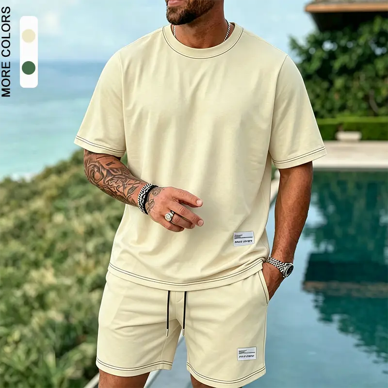 Men’s Casual Sports Set Contrast Color Highlighted Line Short Sleeve T Shirt Drawstring Shorts Two Piece Summer Set
