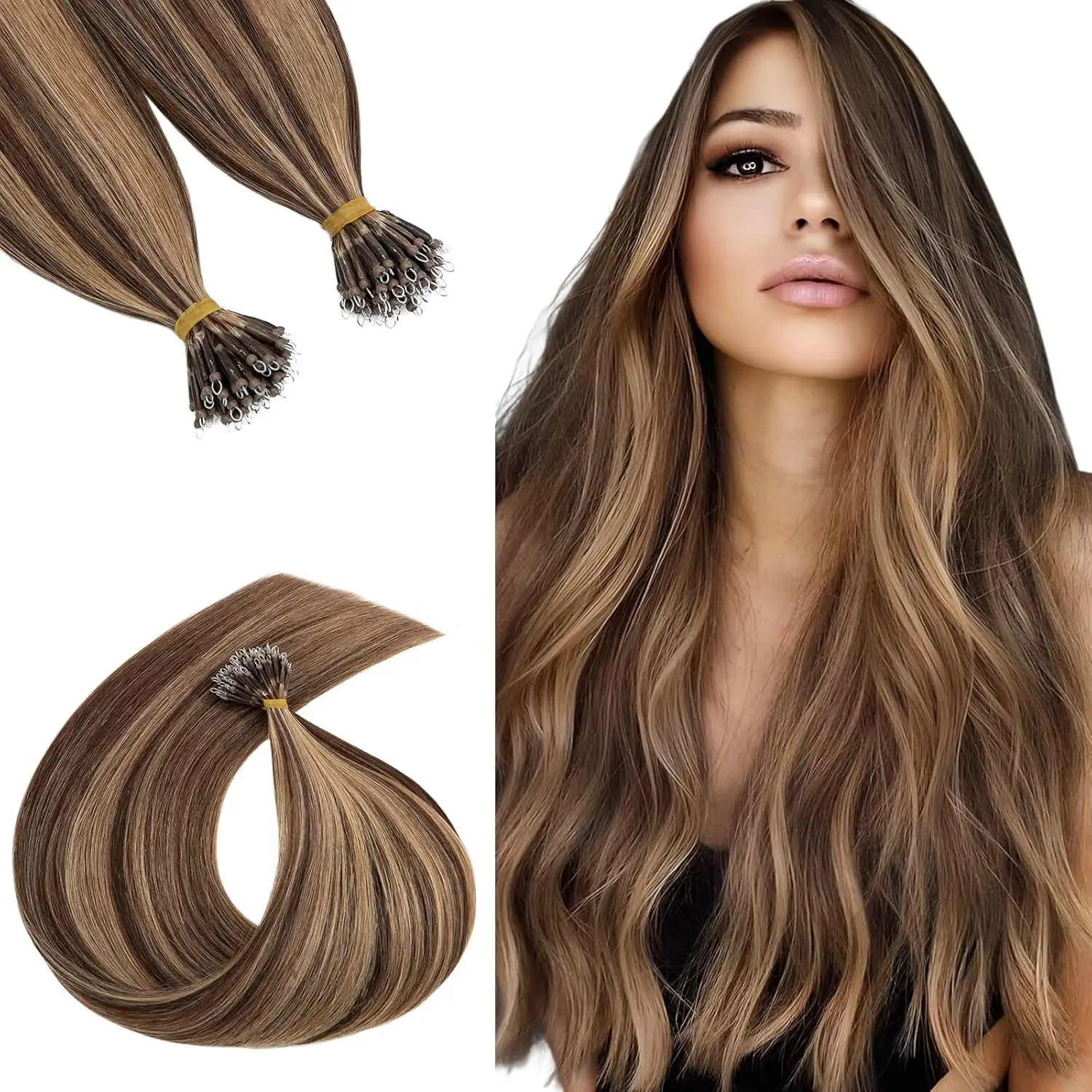 Encharm Nano Tip Hair Extensions Human Hair, Nano Beads Balayage Seamless Highlight Pre-bonded Extensions for Women, 1g/strand, 50 strands 50g/pack -18 Inch#4/27