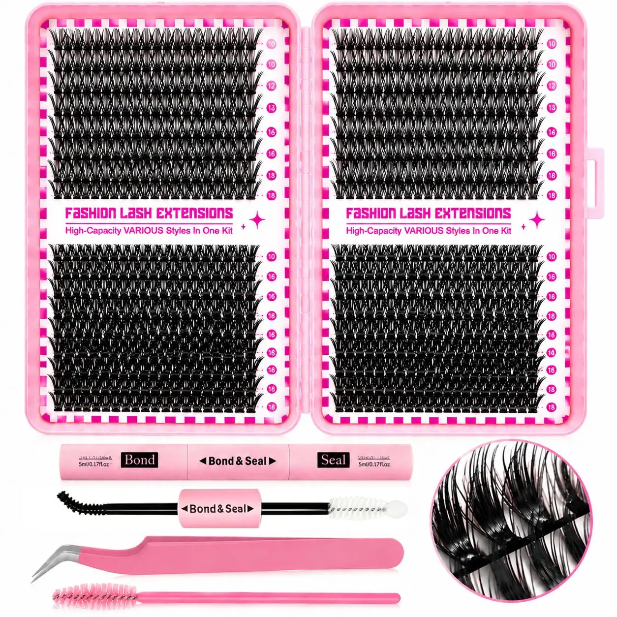 Complete Professional False Eyelash Extension Kit 300/800 Pcs Natural Feathery Sectional Lashes Mixed Density 30D/40D/50D D-Curl 8-18mm with Adhesive Sealer & Tools Reusable Lightweight Daily Makeup Cosmetic for Professionals & Beginners