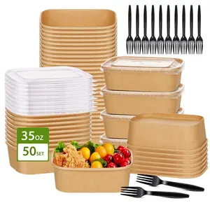 50Pack Disposable Kraft Paper Bowls with Lids and Forks,35oz Square/36oz Round,Meal Prep Containers Disposable Large Paper Bowls, Leakproof Food Containers Treat Soup Serving Bowl, Microwave Safe for Hot/Cold Food Clamshell Takeout Tray Compostable Arc Cu