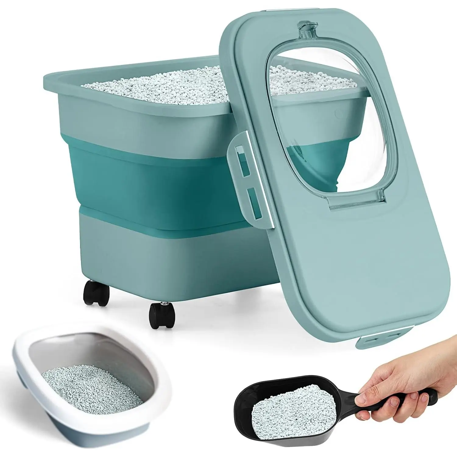Collapsible Cat Litter Storage Bin Container with Airtight Lids, Portable Cat Litter Storage Container with Wheels, Kitchen Cereal Rice Leakproof Sealable(Green)