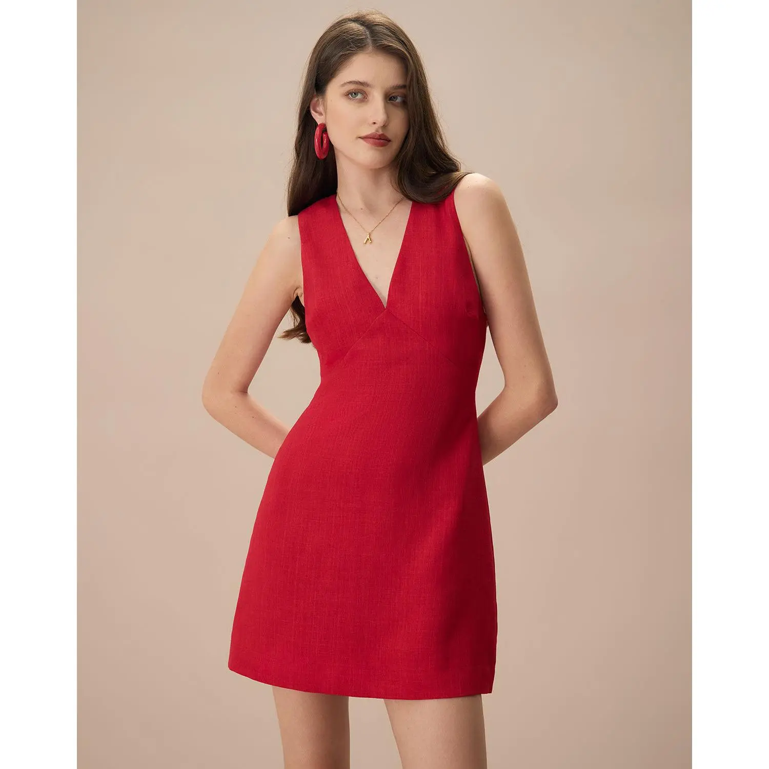 RIHOAS Women's Basic Vibrant Red Sleeveless V-Neck High-Waisted Linen-Rayon Blend Skater Mini Dress, Breathable Above-The-Knee A-Line, Cold Wash, Ideal for Brunch, Going Out, Resort Wear