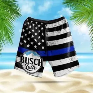 Busch Thin Blue Line American Flag Beach Shorts Men Women Summer Swim Trunks Patriotic Hawaiian Shorts Casual Streetwear Spring Fall Festival Comfort Fit
