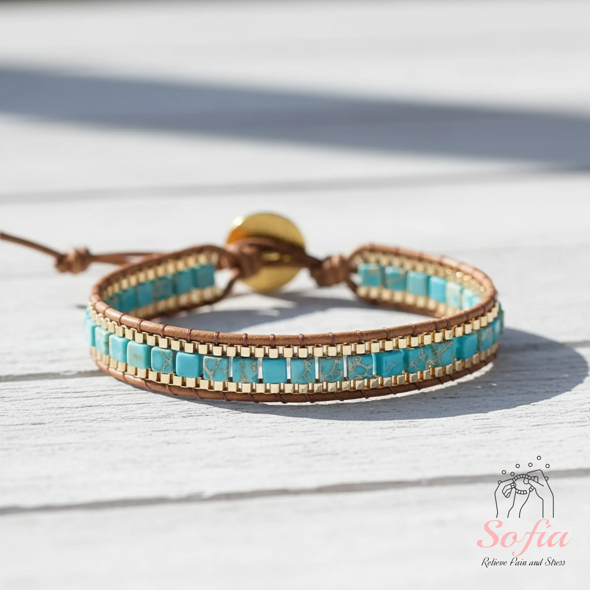 Sofia Handcrafted Natural Turquoise Cube Beaded Bracelet, Unique Boho Braided Adjustable Natural Crystal Jewelry, Daily Wear Accessory for Him and Her