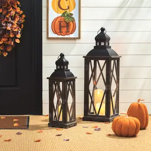 Glitzhome Set of 2 Farmhouse Wooden Lanterns With Diamond Window Frame Interior Decoration Accessories Candle Holders