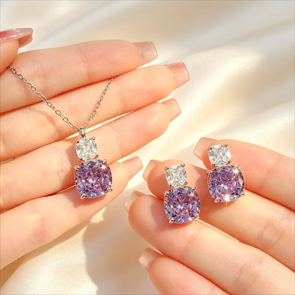 Cushion Cut Jewelry Set for Women, Silver Plated 2-Tone Effect, Adjustable Casual Pendant Necklace and Hypoallergenic Stud Earrings, Bling Effect, Purple Necklace, Basic, Copper With Silver Plating, Women's Fashion, Fashion, Two-Tone