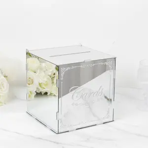 Silver Mirror Acrylic Wedding Card Box with Slot - Wishing Well Money Box for Weddings, Birthdays, and Parties - 10"