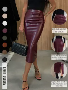 Women's Solid Color High Waist PU Leather Skirt, Fashionable Casual Skirt for Daily Outdoor Wear, Ladies Bottoms for All Seasons