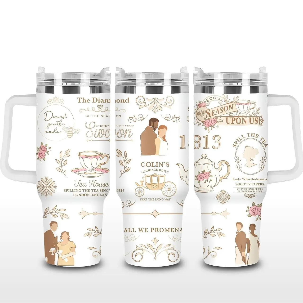 Bridgerton 40oz Tumbler, Colin & Penelope Drinkerton Special Edition Cup - Classic Insulated Mint Blue Spill The Tea Travel Mug with Handle for Men Women
