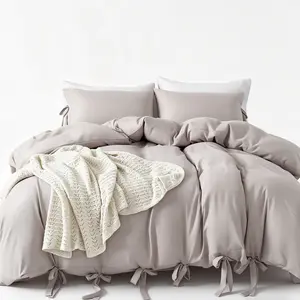 Washable Bow Tie & Solid Microfiber Bedding Set, Soft 3/5-Piece Bed Linen with Zipper Closure, Includes Duvet Cover, Pillow Shams & Sheet/Fitted Sheet, Comforter Not Included