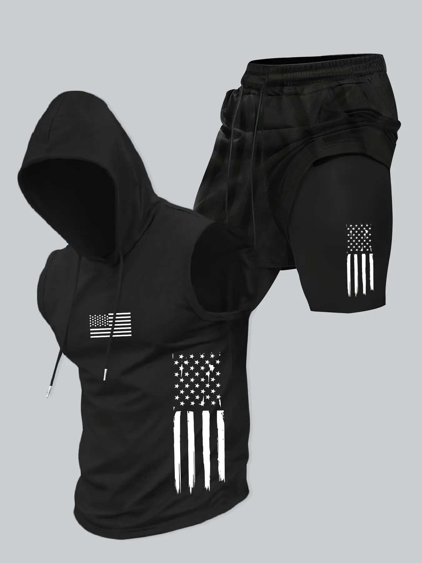 Two-Piece Set, Summer Fitness Outfit, Men's American Flag Print Hooded Tank Top & Shorts Set, Regular-Fit Casual Sleeveless Top & Shorts, Men's Summer Activewear, Sportswear Set Athletic Clothes, Workout Running Outfits