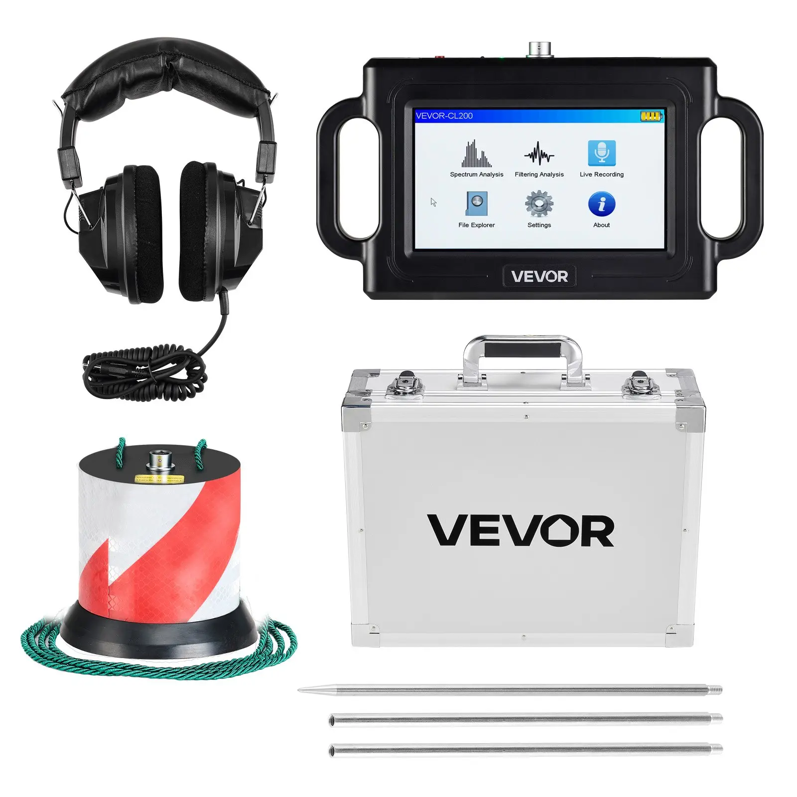 VEVOR Underground Plumbing Pipe Water Leak Detector, 1Hz-5000Hz Freq., 7 Inches Touchscreen UI, ABS+PC Housing, 2m (6.6FT) Length, 1 Sensor, 3 Listening Rods, Headphones, 8GB Card, Carry Case, 10.9 x 6.4 x 1.6 in, 13.3 lbs, 2 M