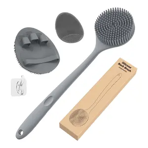 Silicone Back Scrubber (Thick Bristles) & Bath Glove & Face Brush Set (3PCS), Super-Exfoliating & Lathering, with a Free Hook Accessories, Hangable