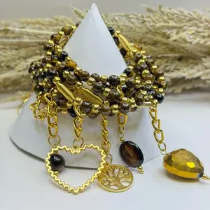 Tiger's Eye Weekly Bracelet with Gold Accents and Tree of Life Charm for Stylish Accessory