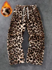 Unisex Leopard Print Fleece Pants with Drawstring Waist, Soft Warm Trousers for Streetwear and Winter Casual Wear