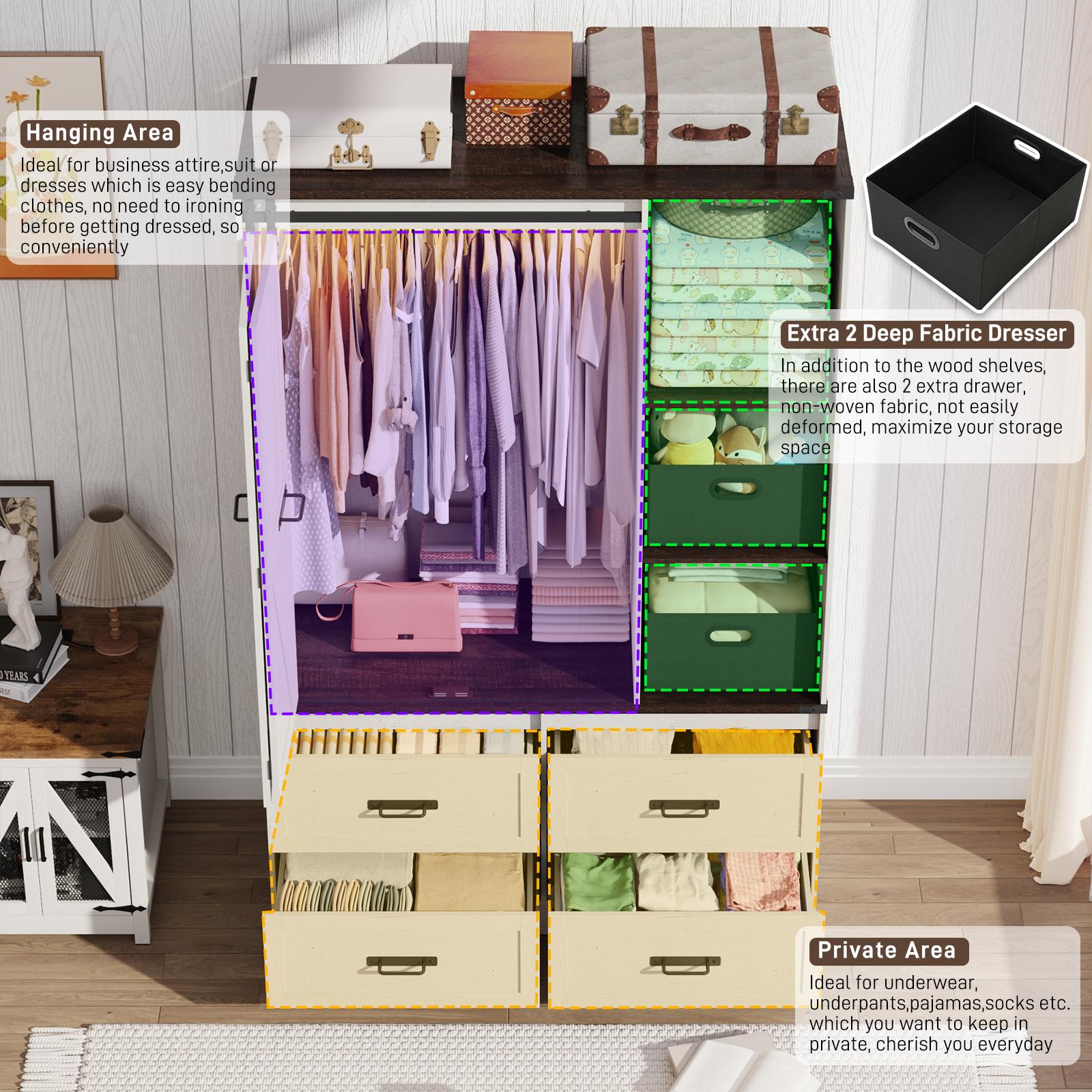 Farmhouse 6 Doors/4 Doors/3 Doors Armoire Wardrobe Closet w/Folding Sliding Barn Door and Lights, LED Armoire Closet w/Drawers for Bedroom, Freestanding Wooden Wardrobe Storage Closets w/Hanging Rod (Antique White/Rustic Brown/Black) Farmhouse 6 Doors/4 Doors/3 Doors Armoire Wardrobe Closet w/Folding Sliding Barn Door and Lights, LED Armoire Closet w/Drawers for Bedroom, Freestanding Wooden Wardrobe Storage Closets w/Hanging Rod (Antique White/Rustic Brown/Black)