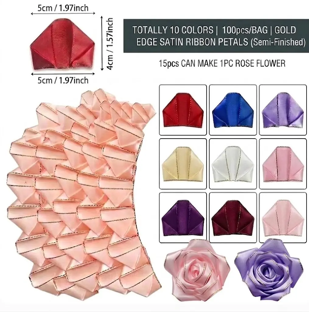 100&200Pcs Gold Edge Silk Ribbon Rose Petals - Pre-Made Glitter Artificial Flowers for DIY Bouquets, Half-Finished Crafts - Decor, Room Decor, Wedding Gifts & Ornaments