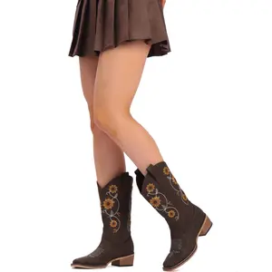 Wranglette Women's Brown Sunflower Embroidered Cowboy Boots – floral western boots Western Snip Toe, Faux Suede | Rodeo & Festival Ready | Wide-Foot Friendly | Keywords: sunflower cowboy boots, embroidered cowgirl boots