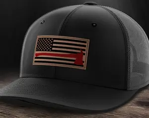 Thin Red Line with Axe, Thin Red Line Patch Hat, Firemen Flag Hat, Firefighter Flag Hat, USA Flag, Flag Patch Hat, Leather Patch Trucker Hat