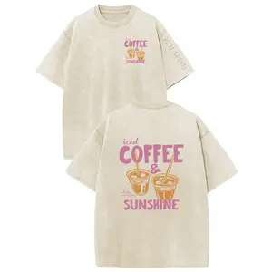 Holafish Oversize Acid Wash Vintage "Iced Coffee & Sunshine" Pattern T-Shirt, Coffee Lover Casual Graphic Tee, Heavyweight Cotton Streetwear Vintage Tees Unisex Crewneck Tshirt