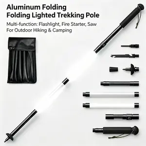 Multifunctional Trekking Pole - Aluminum Alloy, Foldable, Lightweight (500g), 44.1in, Wear-Resistant, Rechargeable Glow-in-the-Dark Lamp, Flashlight, Fire Starter, Saw Tool, Easy Storage, Ideal for Hiking, Camping, Multifunctional Trekking Poles