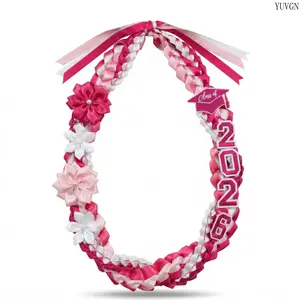 Class of 2026 Handmade Graduation Lei, Floral Satin Ribbon Hawaiian Lei with Grad Cap Charm, Ideal Accessory for High School & College Graduation Ceremony, Perfect Senior Graduation Gift for Her