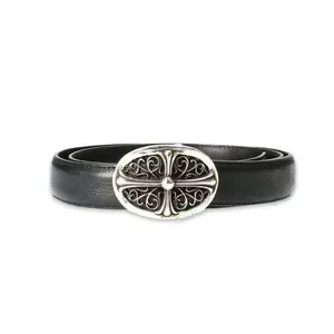 1187068 Chrome Hearts Silver Oval Cross Buckle & Belt Strap Black