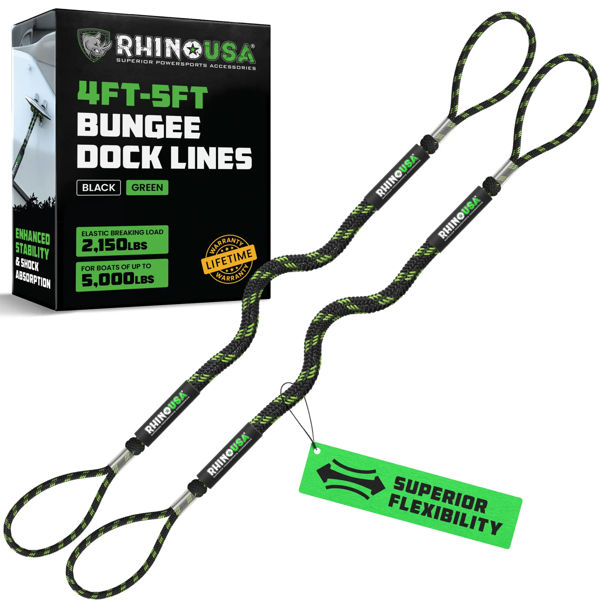 Rhino USA Heavy-Duty Bungee Dock Lines - Bungee Dock Rope for Jetski, Boat, and More. Rhino USA Heavy-Duty Bungee Dock Lines - Bungee Dock Rope for Jetski, Boat, and More.
