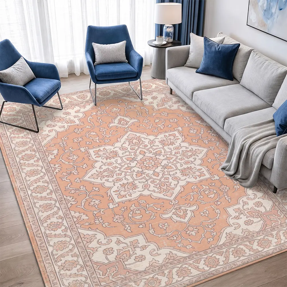 Traditional Persian Peach Velvet Area Rug, Intricate Floral Living Room Carpet, Vintage Home Decor, Bedroom Essentials