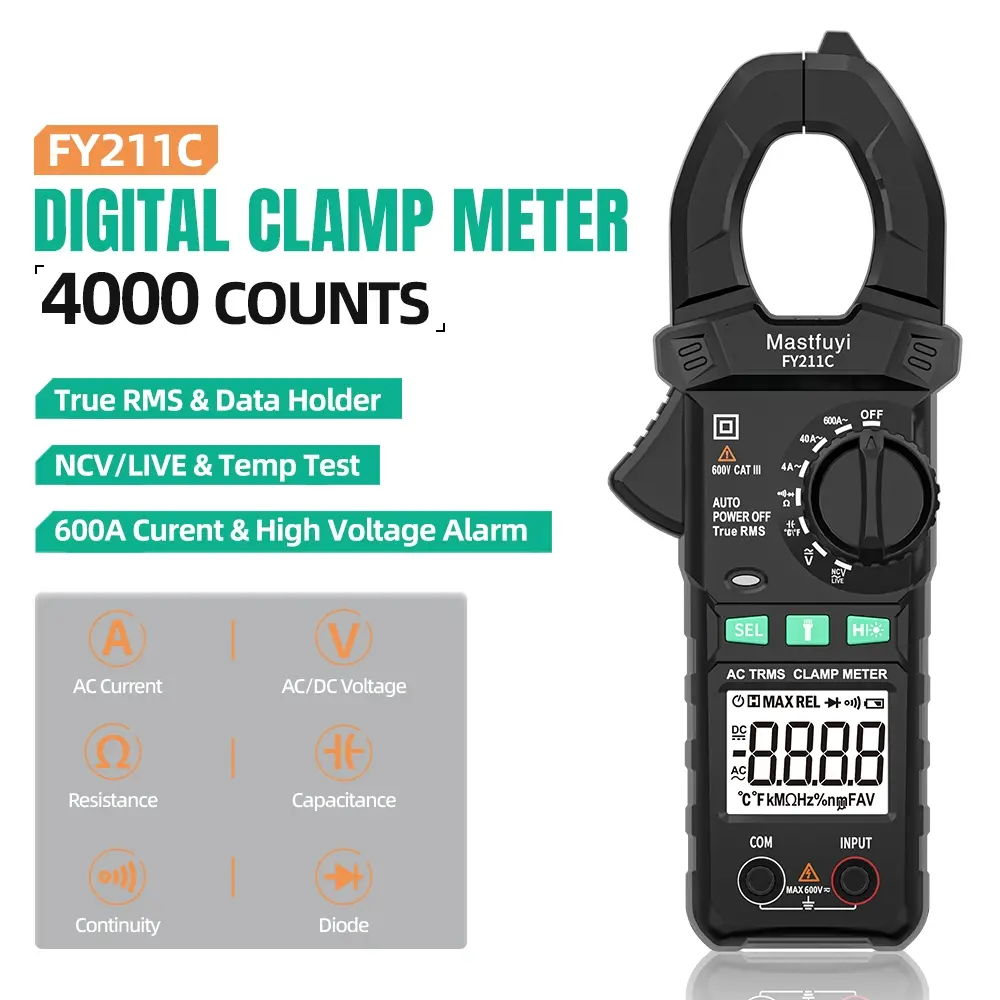 Automatic Range Clamp Multimeter Tester Ac Dc Trms 4000 Counts, Resistance Capacitance Diode Test Ncv Contactless Voltage Detection Backlit Display Digital Multimeter