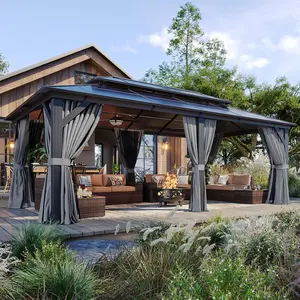 Aoxun 10'x12' Permanent Hard Top Gazebo, Modern Outdoor Patio Structure with Double Wall Polycarbonate Roof, Aluminum Frame, Curtains, Mosquito Netting, Patio Decor Privacy, 2/4-Package Shipping, Brown&Gray for Backyard