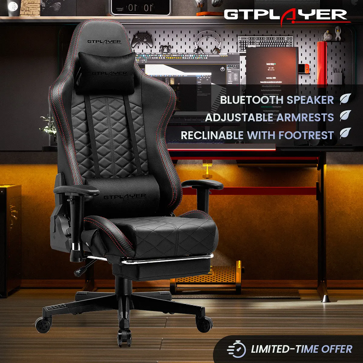 GTPLAYER Gaming Office Chair - High-Back Ergonomic Desk Chair with Bluetooth Speakers, Lumbar Support, Height Adjustment, Footrest, Comfy Seat, 330LBS Weight Capacity, Gaming Chair,summerwins