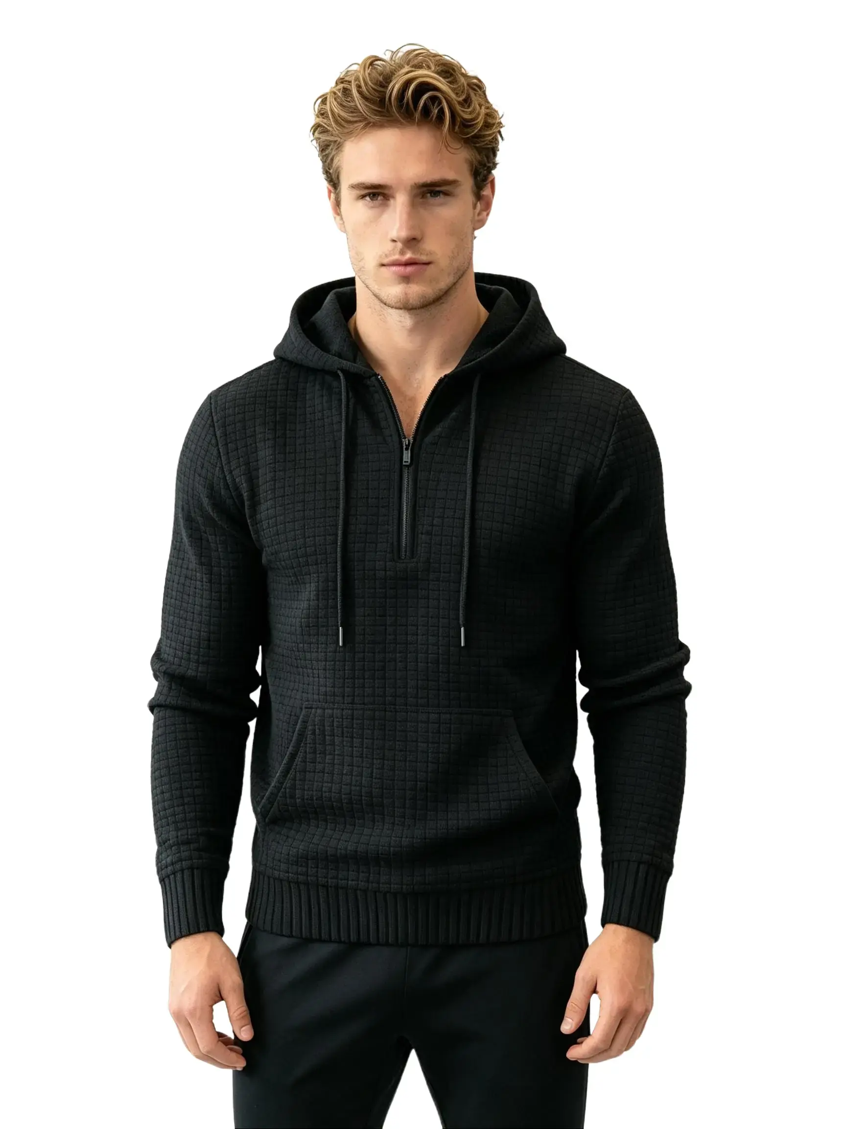 Men's Half Zip Up Hoodie Waffle Solid Knit Hooded Sweatshirt Loose Fit Casual Long Sleeve Pullover Tops with Pockets
