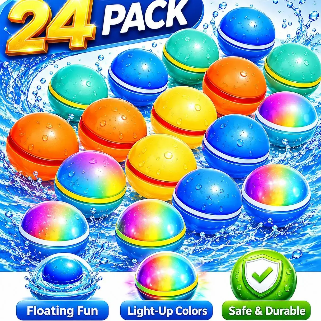 Reusable Magnetic Water Balloons, Quick Fill Self-Sealing Splash Balls 24 PACK, Soft Silicone Refillable Water Toys for Kids & Adults, Outdoor Party Games, Pool Party, Beach Fun, Water Slide, Backyard Water Fights, Birthday Gifts, 12/24/48 Pack