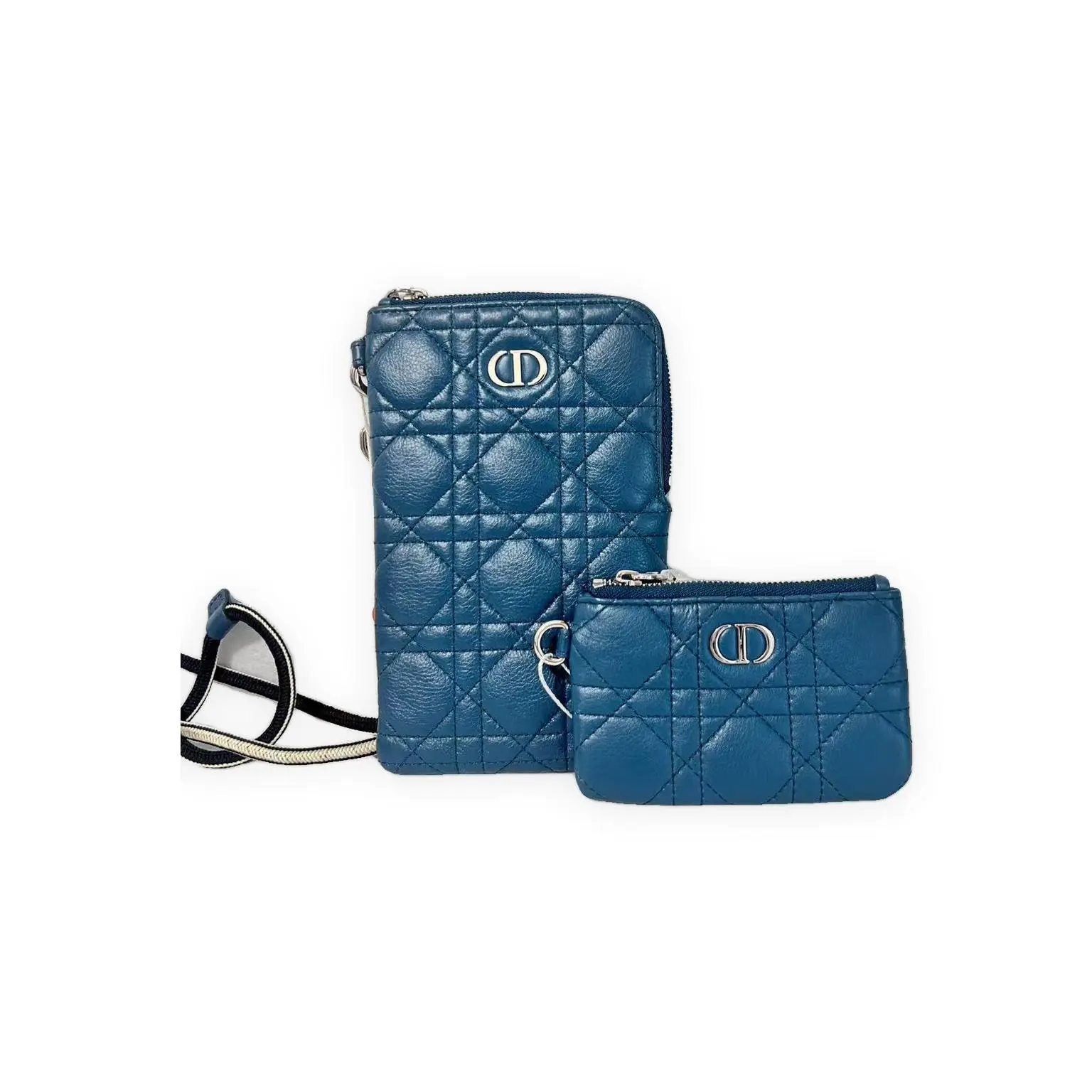 Pre-owned Dior Cannage quilted leather Top Handle Bags Authentic and Secure Top Handle Lady Voyageur Bag Deeper Cannage Impression, Blue, Very Good Condition, S014260506061 (Includes Wallet, Silver Accents)