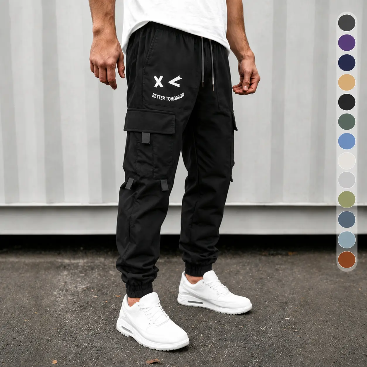 Men's cartoon face and letter print drawstring waist work pants, casual regular fit athletic pants, men's all-season trousers, men's street style casual pants, stylish dark gray Y2K clothing
